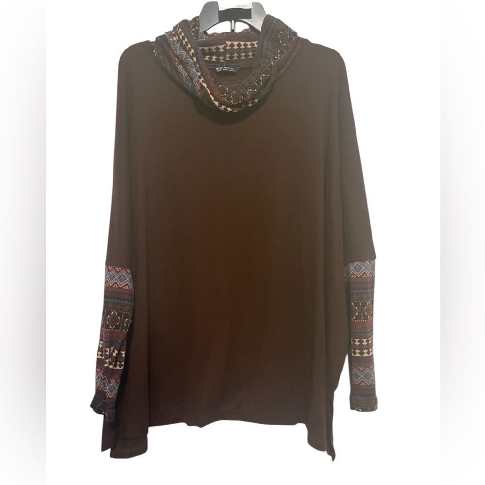 Oversized Cowl Neck Sweater with Patterned Sleeves